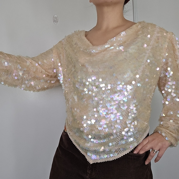 VTG Large Pink Ivory Full Sequin Glam Silk Evening Blouse 80s Beaded Iridescent‎ - Picture 3 of 16